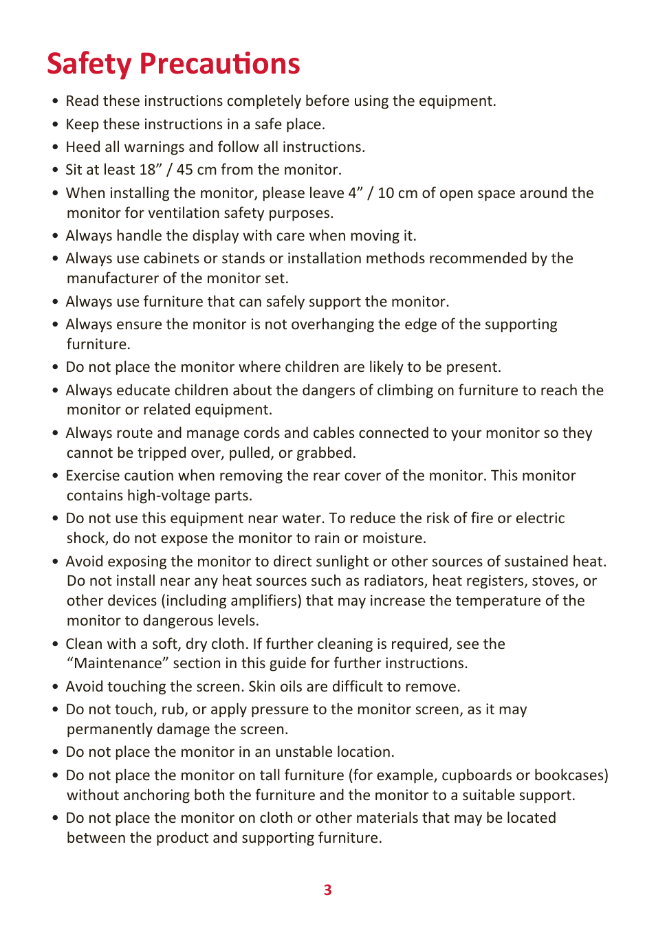 Safety precautions | VIEWSONIC VA3209M 31.5" Monitor User Manual | Page 3 / 49