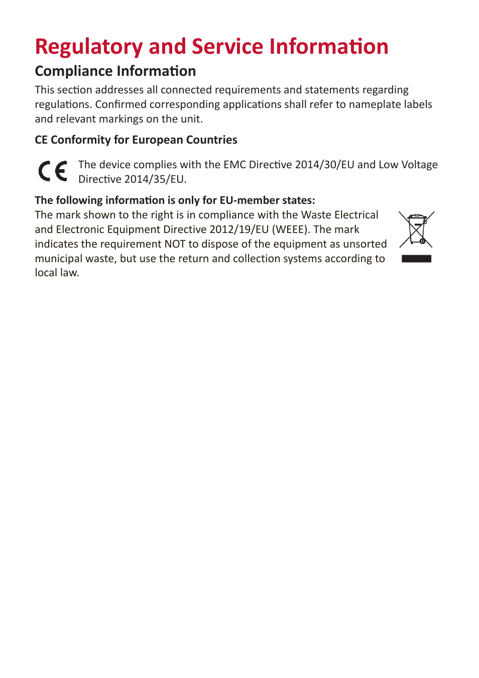 Regulatory and service information, Compliance information, Ce conformity for european countries | VIEWSONIC VA3209M 31.5" Monitor User Manual | Page 38 / 49