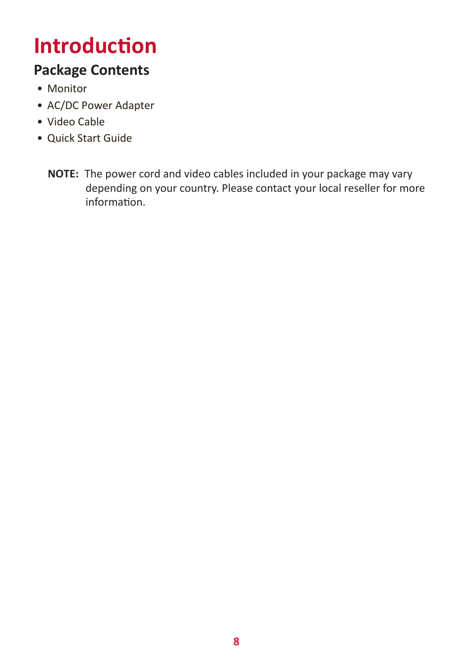 Introduction, Package contents | VIEWSONIC VA3209M 31.5" Monitor User Manual | Page 8 / 49