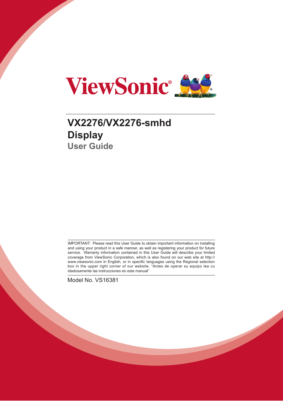 VIEWSONIC VX2276SMHD 21.5" 16:9 IPS Monitor User Manual | 24 pages