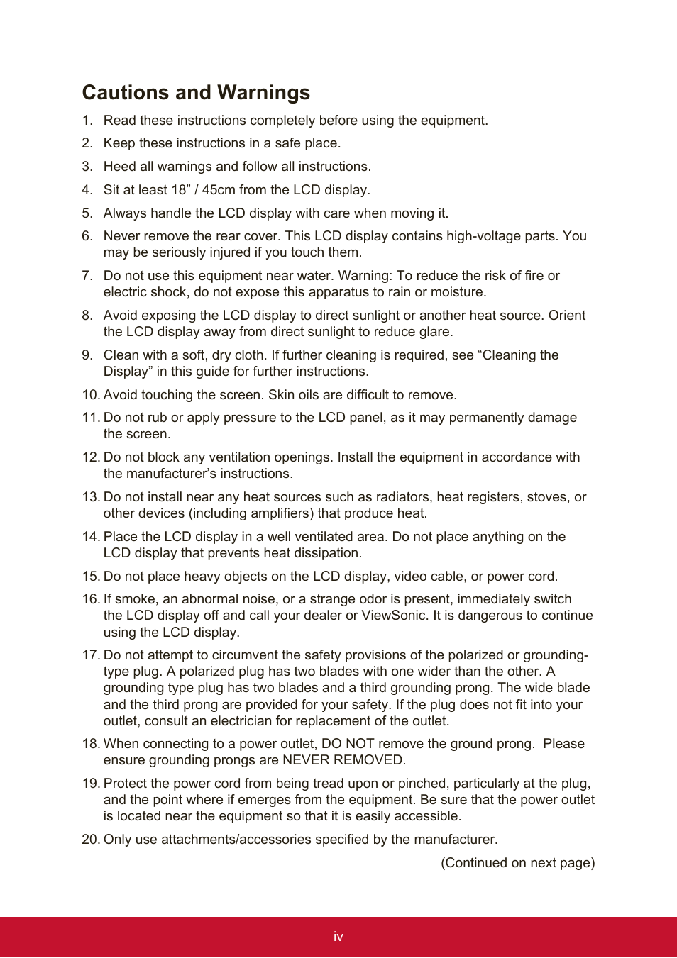 Cautions and warnings | VIEWSONIC VX2276SMHD 21.5" 16:9 IPS Monitor User Manual | Page 6 / 24