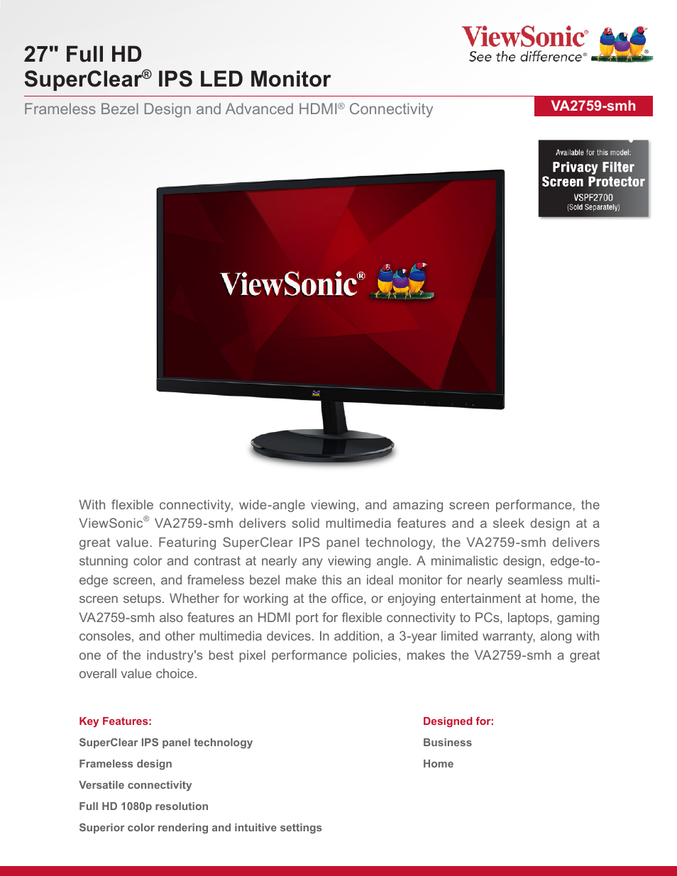 VIEWSONIC VA2759-SMH 27" 16:9 IPS Monitor User Manual | 2 pages