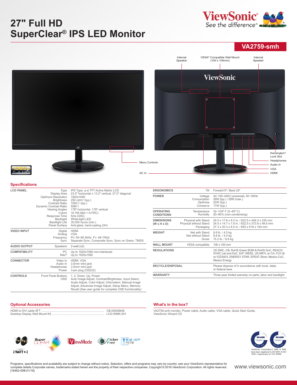 27" full hd superclear, Ips led monitor, Va2759-smh | VIEWSONIC VA2759-SMH 27" 16:9 IPS Monitor User Manual | Page 2 / 2