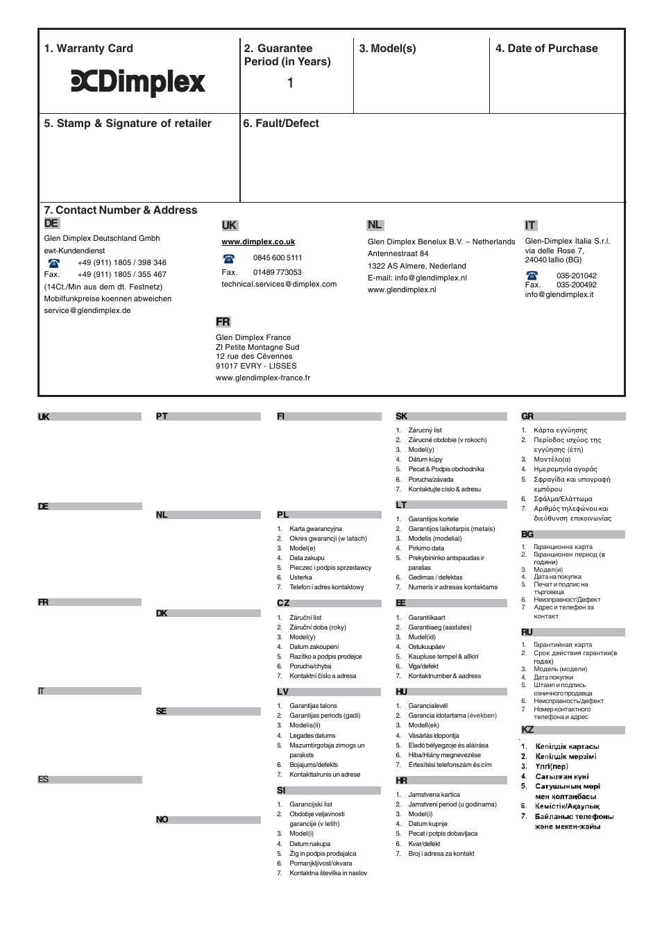 Fault/defect 7. contact number & address | Dimplex Dimpelx Cadogan CGn20 User Manual | Page 52 / 52
