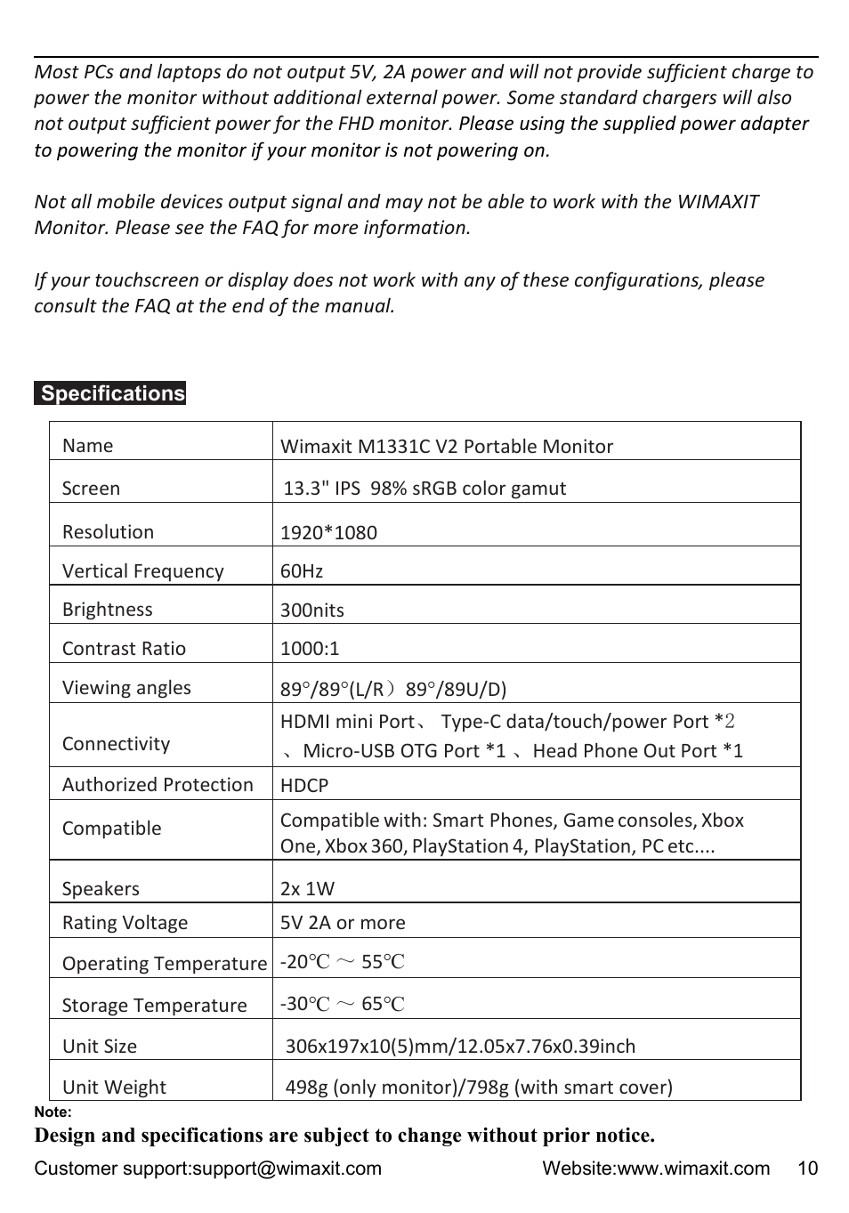 Specifications | Wimaxit M1331CV2 13.3" HDR Portable Monitor User Manual | Page 10 / 14