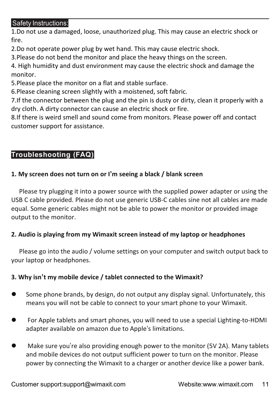 Troubleshooting (faq) | Wimaxit M1331CV2 13.3" HDR Portable Monitor User Manual | Page 11 / 14