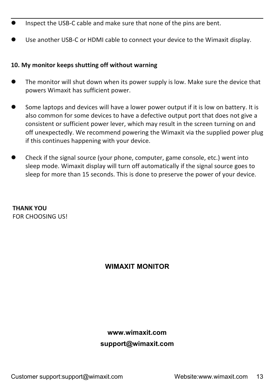 Wimaxit monitor, Www.wimaxit.com, Support@wimaxit.com | Wimaxit M1331CV2 13.3" HDR Portable Monitor User Manual | Page 13 / 14