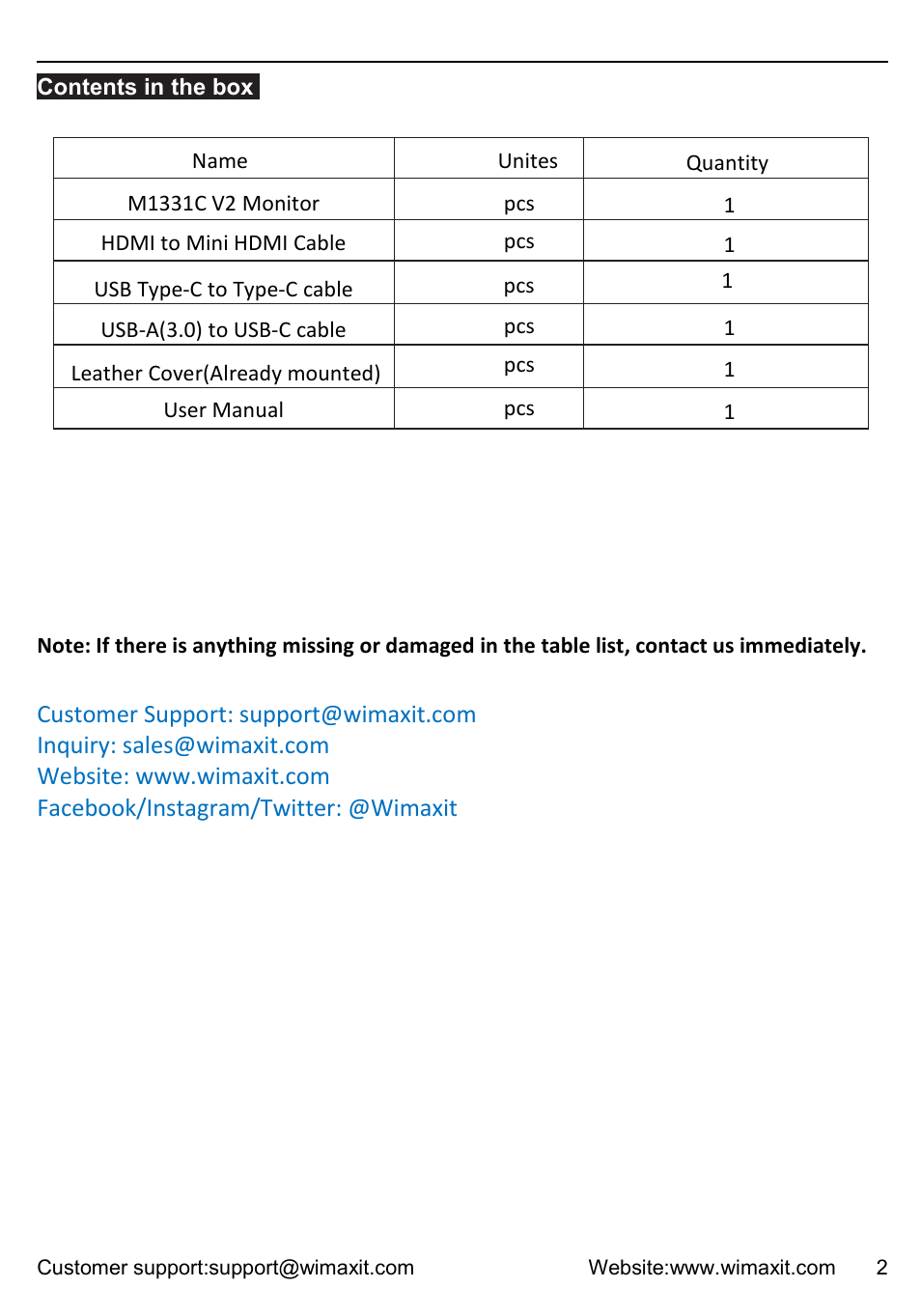 Contents in the box, Note: if there is anything missing or damaged in t | Wimaxit M1331CV2 13.3" HDR Portable Monitor User Manual | Page 2 / 14