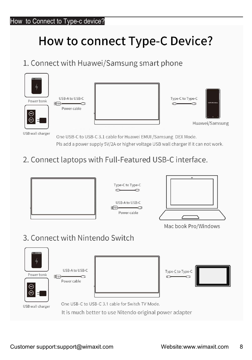 How to connect to type-c device | Wimaxit M1331CV2 13.3" HDR Portable Monitor User Manual | Page 8 / 14