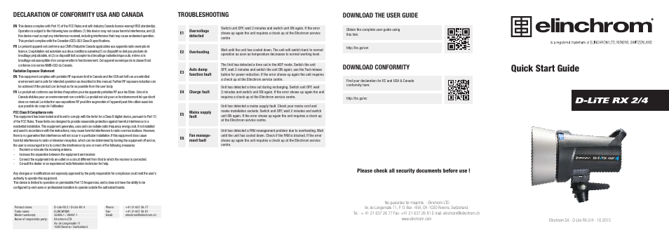 Quick start guide, Download the user guide download conformity, Declaration of conformity usa and canada | Troubleshooting, Please check all security documents before use | Elinchrom D-Lite RX 4/4 Softbox To Go Kit User Manual | Page 2 / 2