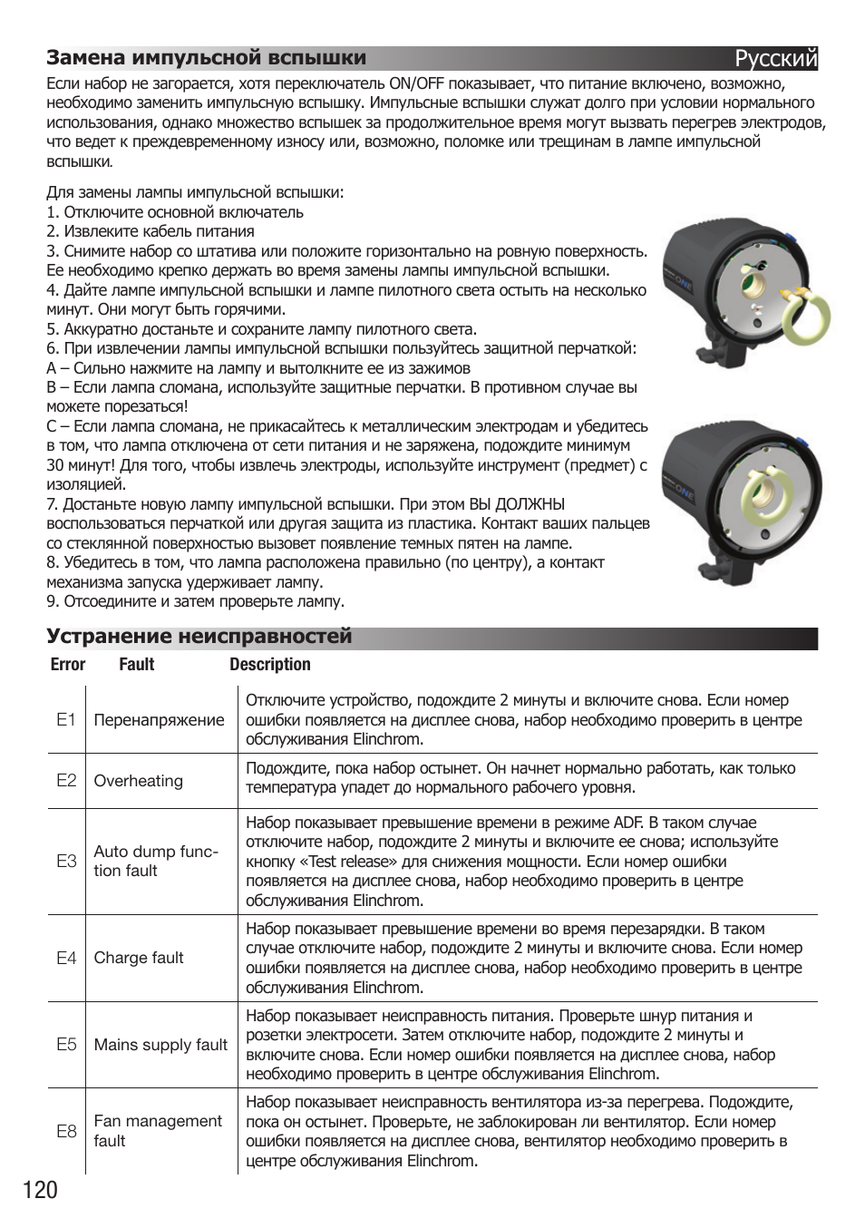 Русский, Устранение неисправностей, Замена импульсной вспышки | Elinchrom D-Lite RX One Flash Head User Manual | Page 120 / 131