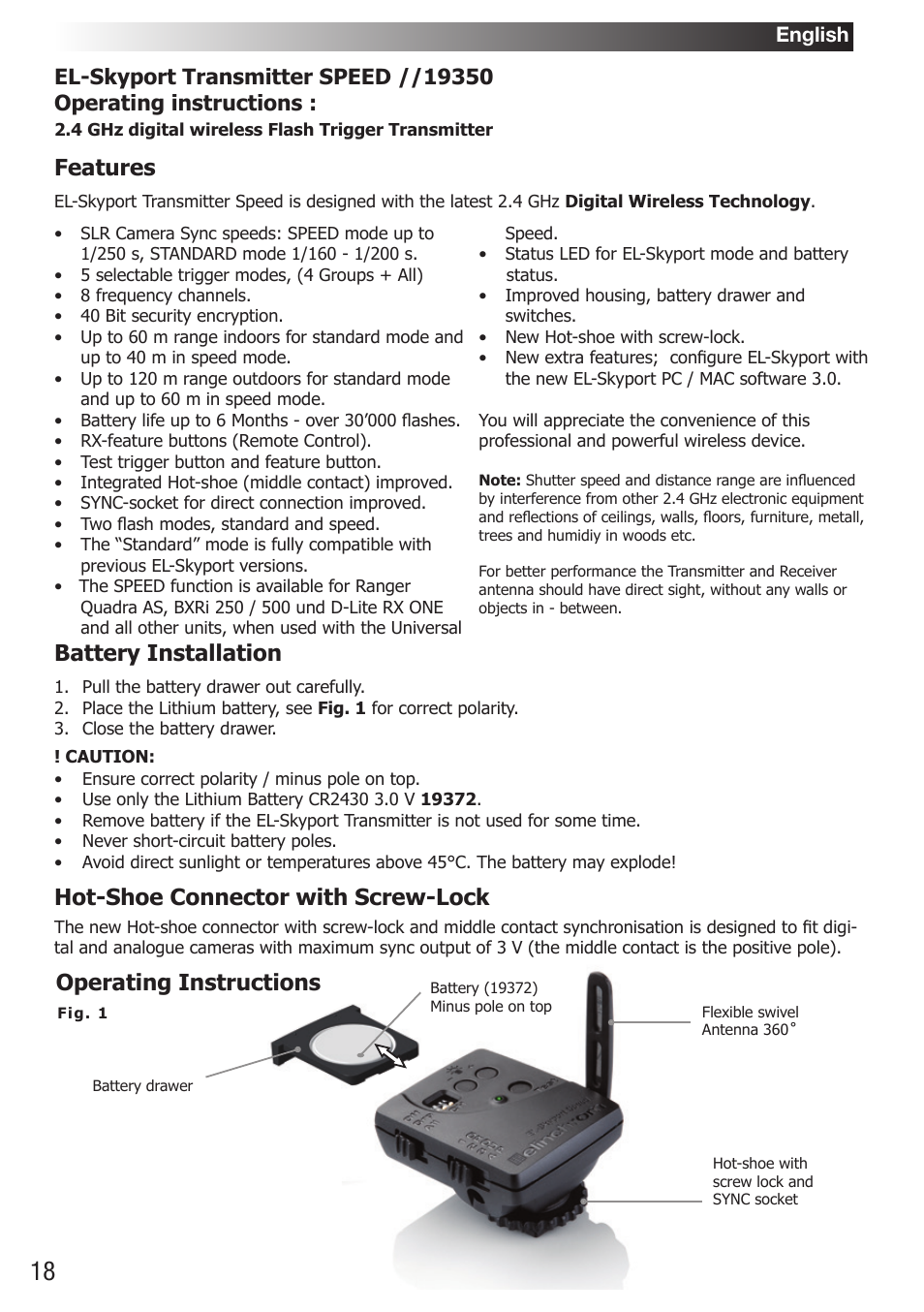 Battery installation, Hot-shoe connector with screw-lock, Operating instructions | Features, English | Elinchrom D-Lite RX One Flash Head User Manual | Page 18 / 131