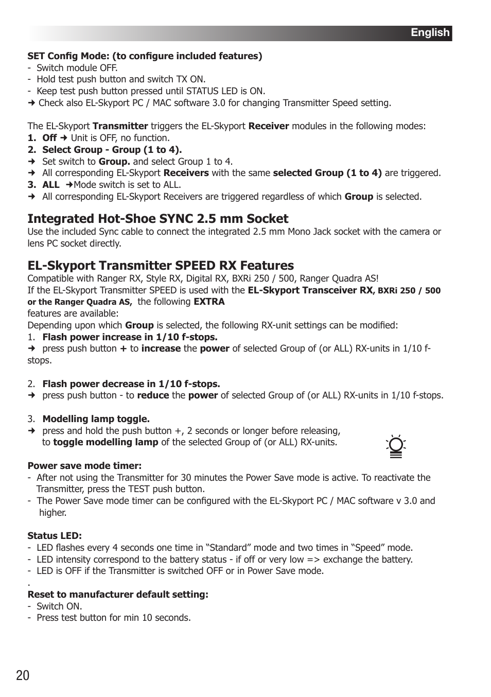 Integrated hot-shoe sync 2.5 mm socket, El-skyport transmitter speed rx features | Elinchrom D-Lite RX One Flash Head User Manual | Page 20 / 131