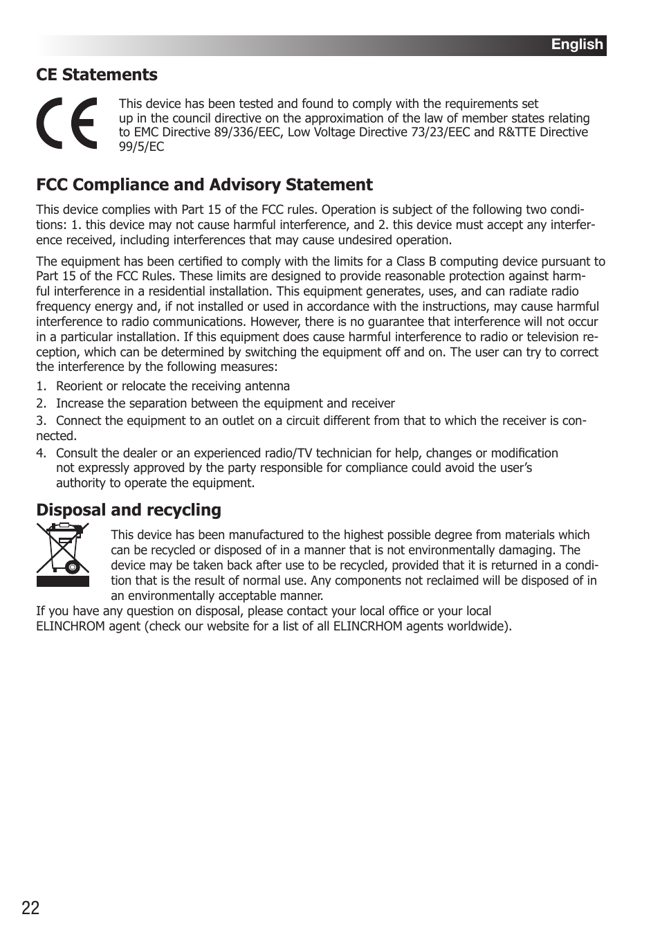Ce statements, Fcc compliance and advisory statement, Disposal and recycling | Elinchrom D-Lite RX One Flash Head User Manual | Page 22 / 131