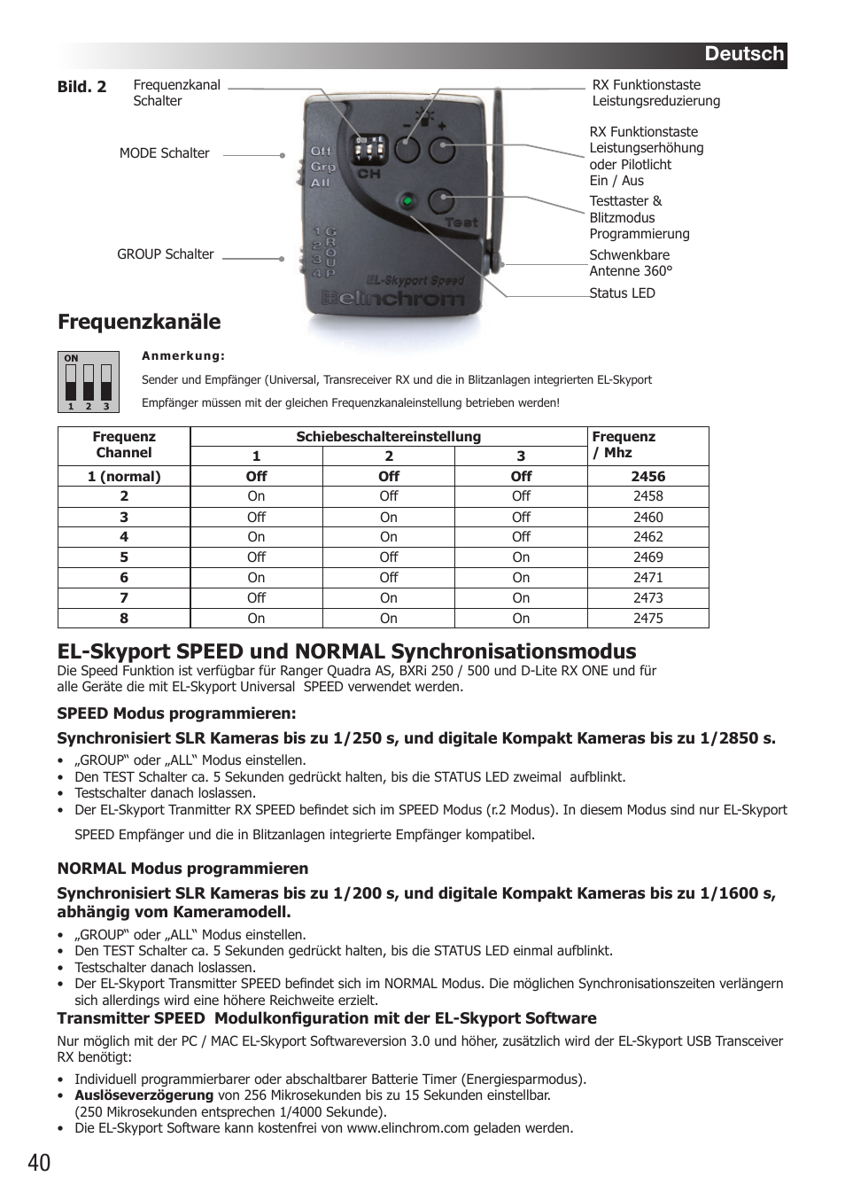 Frequenzkanäle, El-skyport speed und normal synchronisationsmodus, Deutsch | Elinchrom D-Lite RX One Flash Head User Manual | Page 40 / 131
