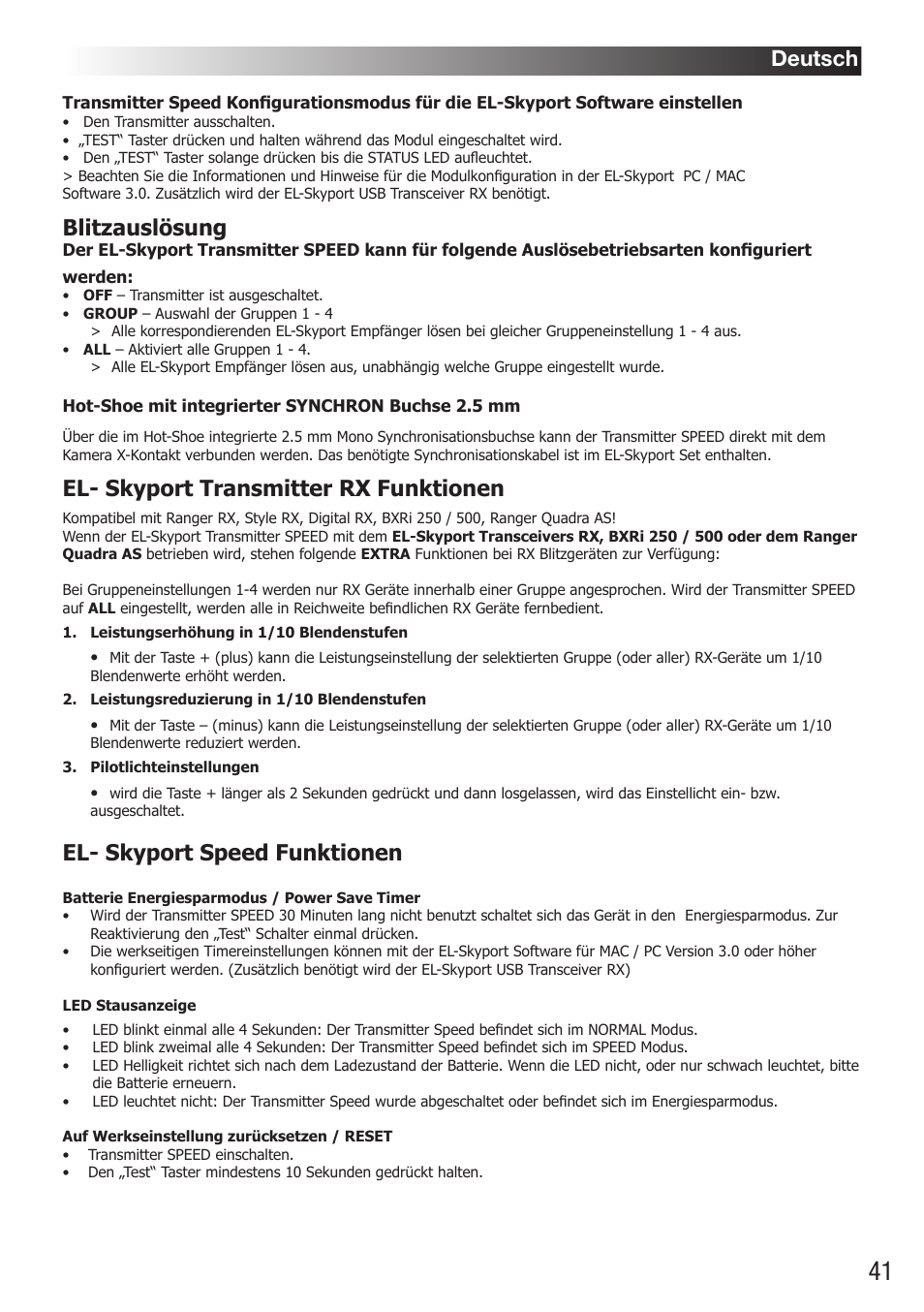 Blitzauslösung, El- skyport transmitter rx funktionen, El- skyport speed funktionen | Deutsch | Elinchrom D-Lite RX One Flash Head User Manual | Page 41 / 131