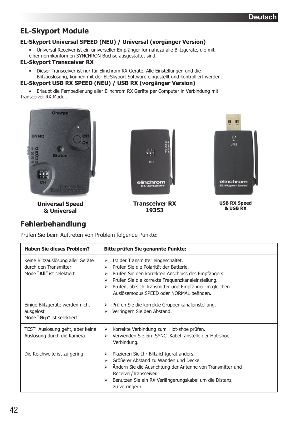 El-skyport module, Fehlerbehandlung, Deutsch | Elinchrom D-Lite RX One Flash Head User Manual | Page 42 / 131