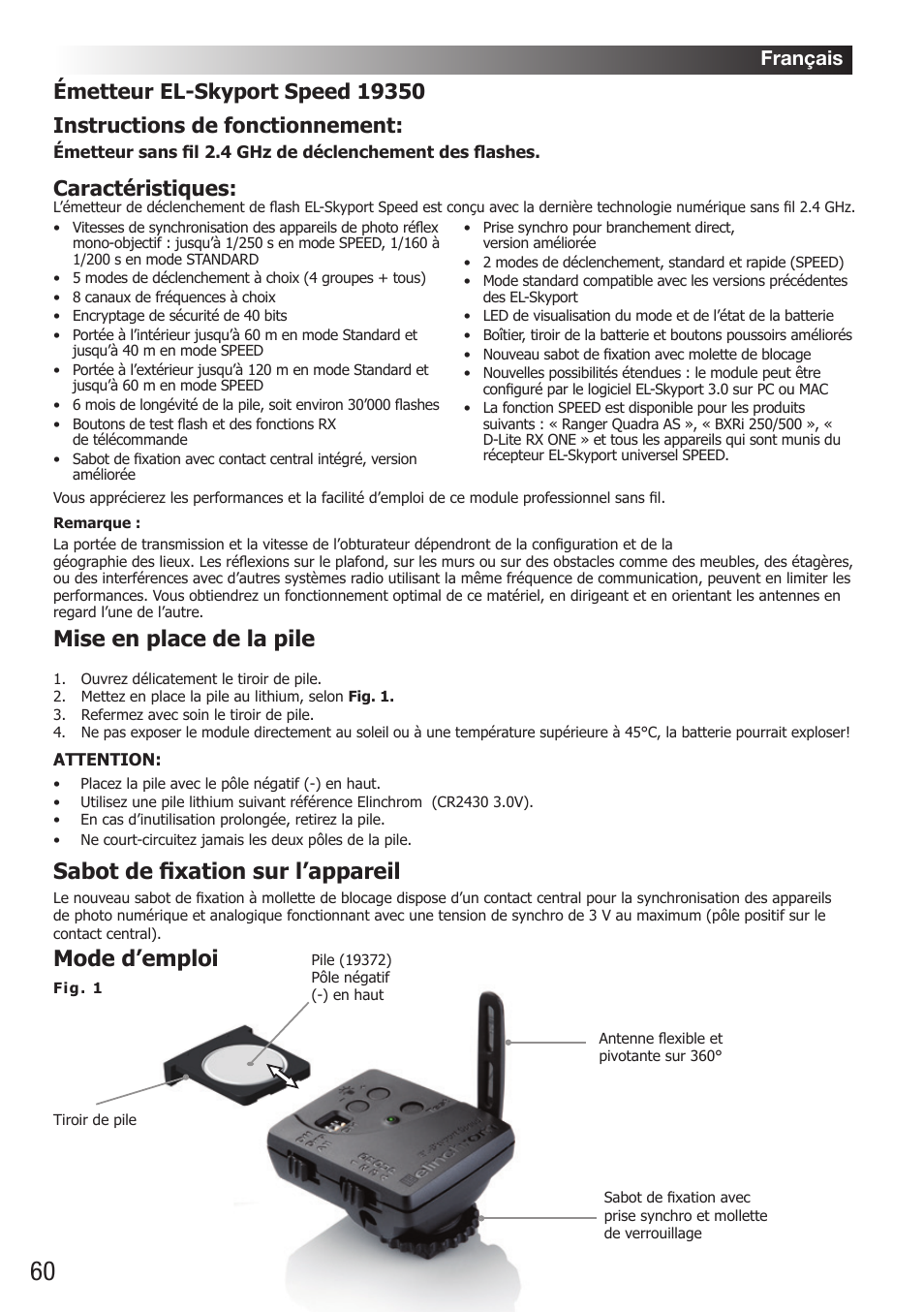 Mise en place de la pile, Sabot de fixation sur l’appareil, Mode d’emploi | Caractéristiques, Français | Elinchrom D-Lite RX One Flash Head User Manual | Page 60 / 131