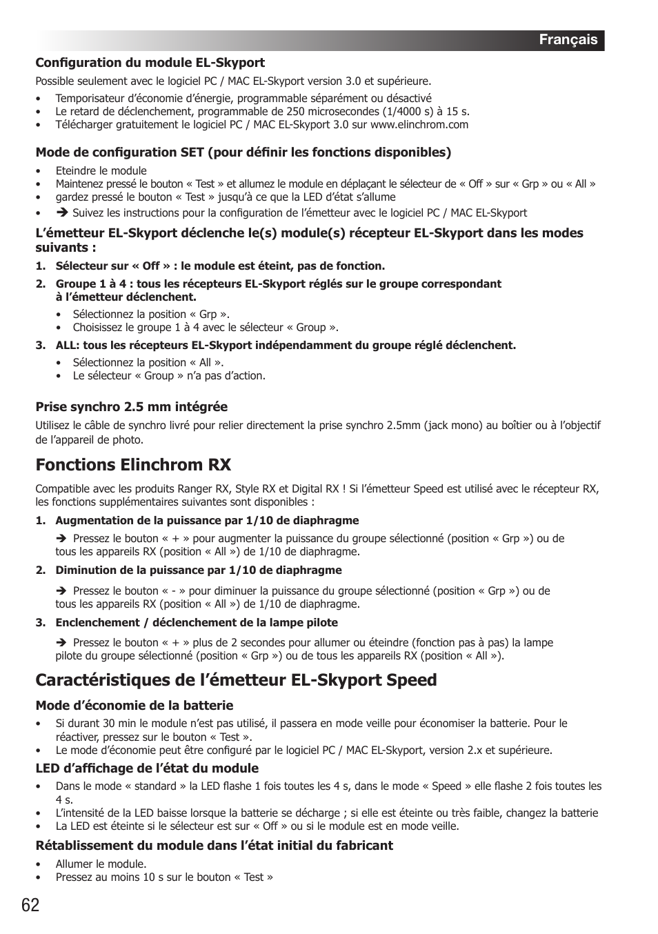 Fonctions elinchrom rx, Caractéristiques de l’émetteur el-skyport speed, Français | Elinchrom D-Lite RX One Flash Head User Manual | Page 62 / 131