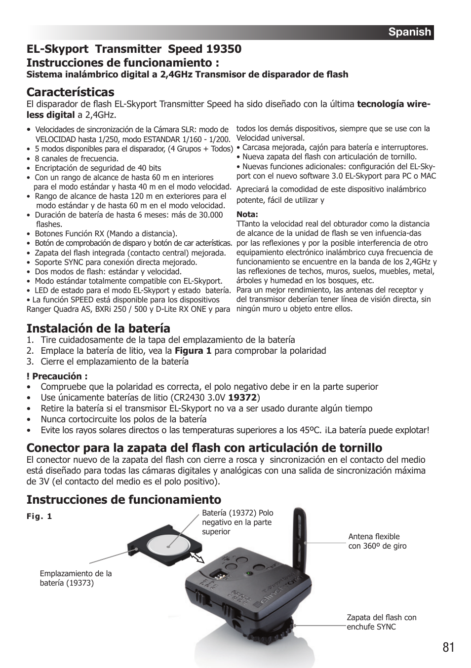 Características, Instalación de la batería, Instrucciones de funcionamiento | Spanish | Elinchrom D-Lite RX One Flash Head User Manual | Page 81 / 131