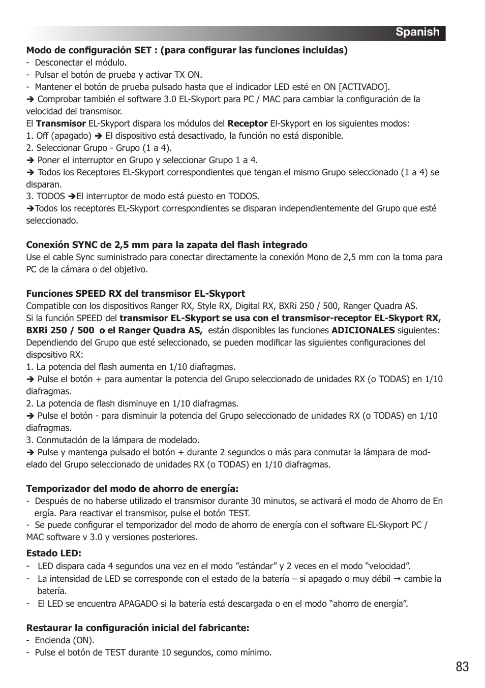 Spanish | Elinchrom D-Lite RX One Flash Head User Manual | Page 83 / 131