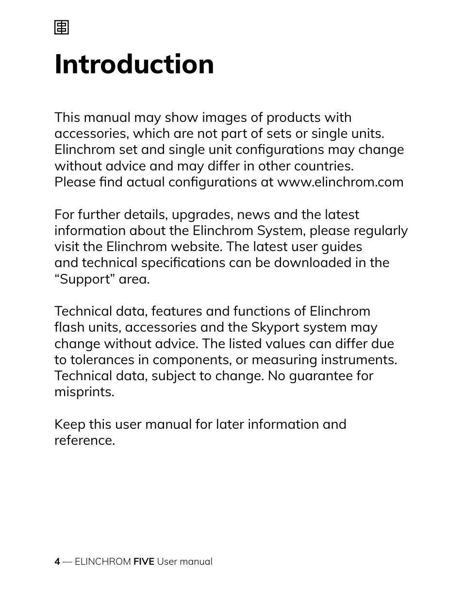 Introduction | Elinchrom FIVE Monolight Kit User Manual | Page 4 / 33