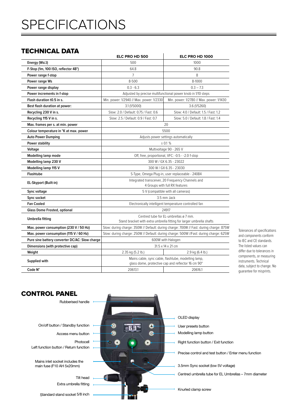 Specifications, Technical data, Control panel | Elinchrom ELC Pro HD 500 Flash Head User Manual | Page 5 / 6