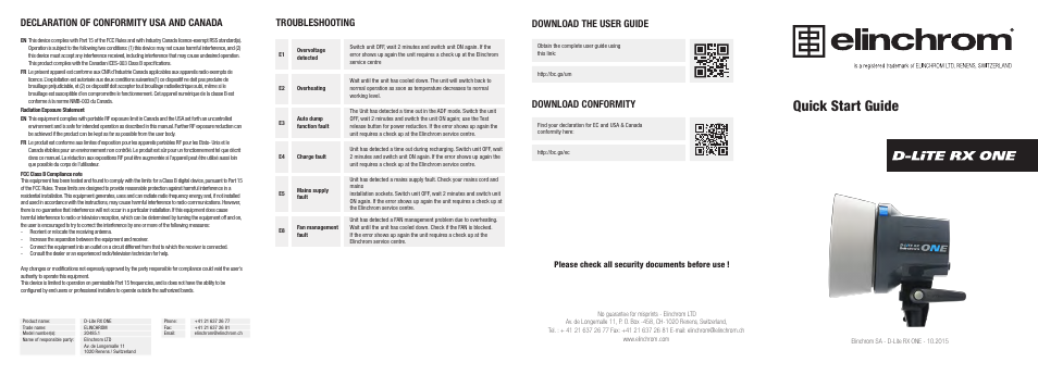 Quick start guide, Download the user guide, Download conformity | Declaration of conformity usa and canada, Troubleshooting, Please check all security documents before use | Elinchrom D-Lite RX One/One Softbox To Go Kit User Manual | Page 2 / 2