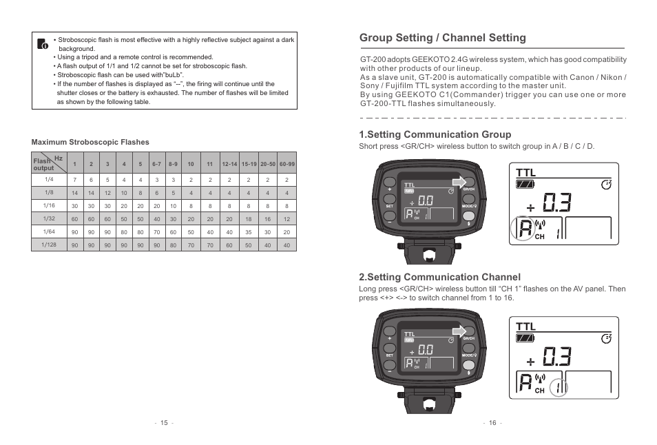 页 10, Group setting / channel setting, Setting communication group | Setting communication channel | Geekoto GT200 Monolight Full Kit User Manual | Page 10 / 12