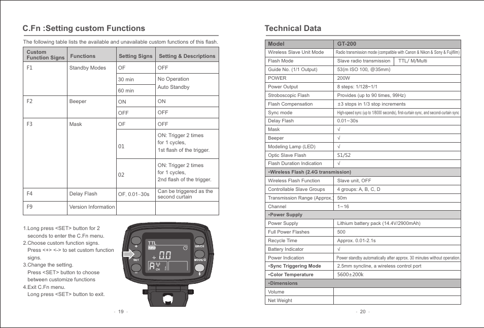 页 12, C.fn :setting custom functions, Technical data | Geekoto GT200 Monolight Full Kit User Manual | Page 12 / 12