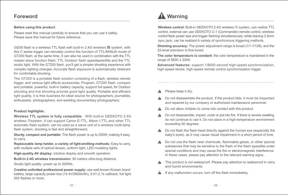 Foreword, Warning | Geekoto GT200 Monolight Full Kit User Manual | Page 3 / 12