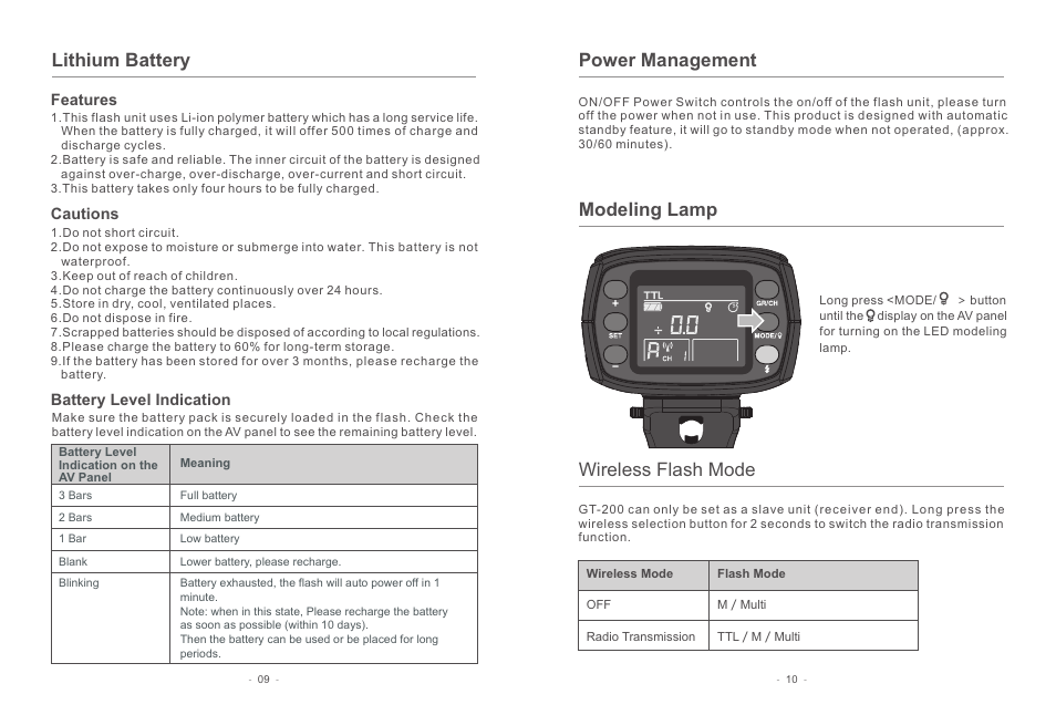 Lithium battery power management, Modeling lamp wireless flash mode, Cautions | Battery level indication, Features | Geekoto GT200 Monolight Full Kit User Manual | Page 7 / 12