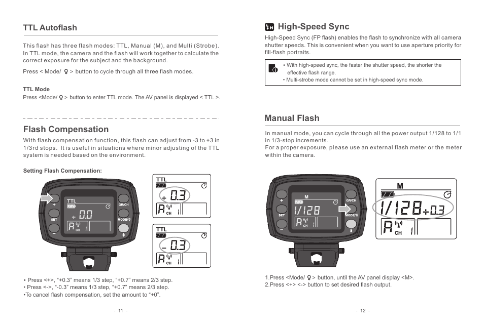 Flash compensation, High-speed sync, Manual flash | Ttl autoflash | Geekoto GT200 Monolight Full Kit User Manual | Page 8 / 12