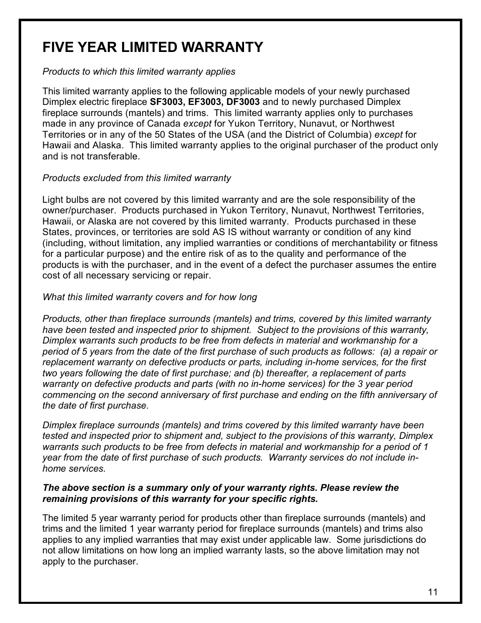 Five year limited warranty | Dimplex SF3003 User Manual | Page 14 / 16