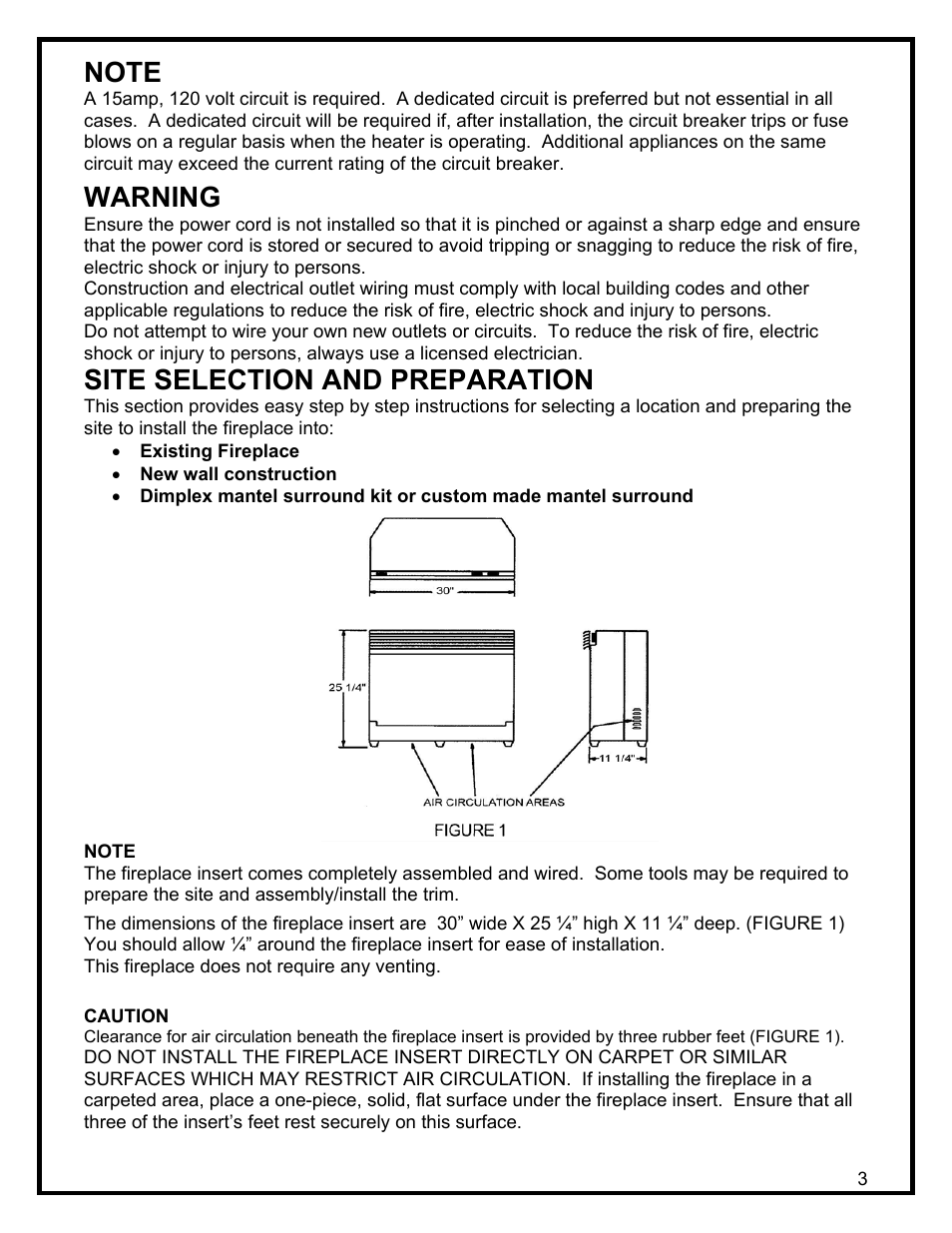 Warning, Site selection and preparation | Dimplex SF3003 User Manual | Page 6 / 16