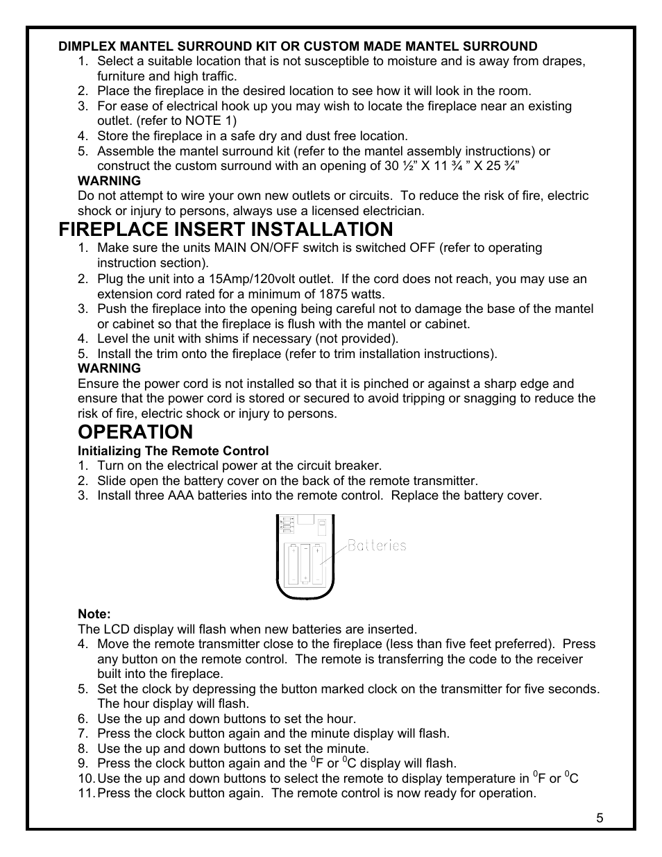 Fireplace insert installation, Operation | Dimplex SF3003 User Manual | Page 8 / 16