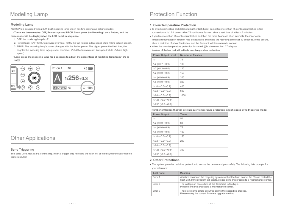 页 10, Protection function, Other applications | Modeling lamp | Godox AD400Pro Witstro All-in-One Outdoor Flash User Manual | Page 11 / 13
