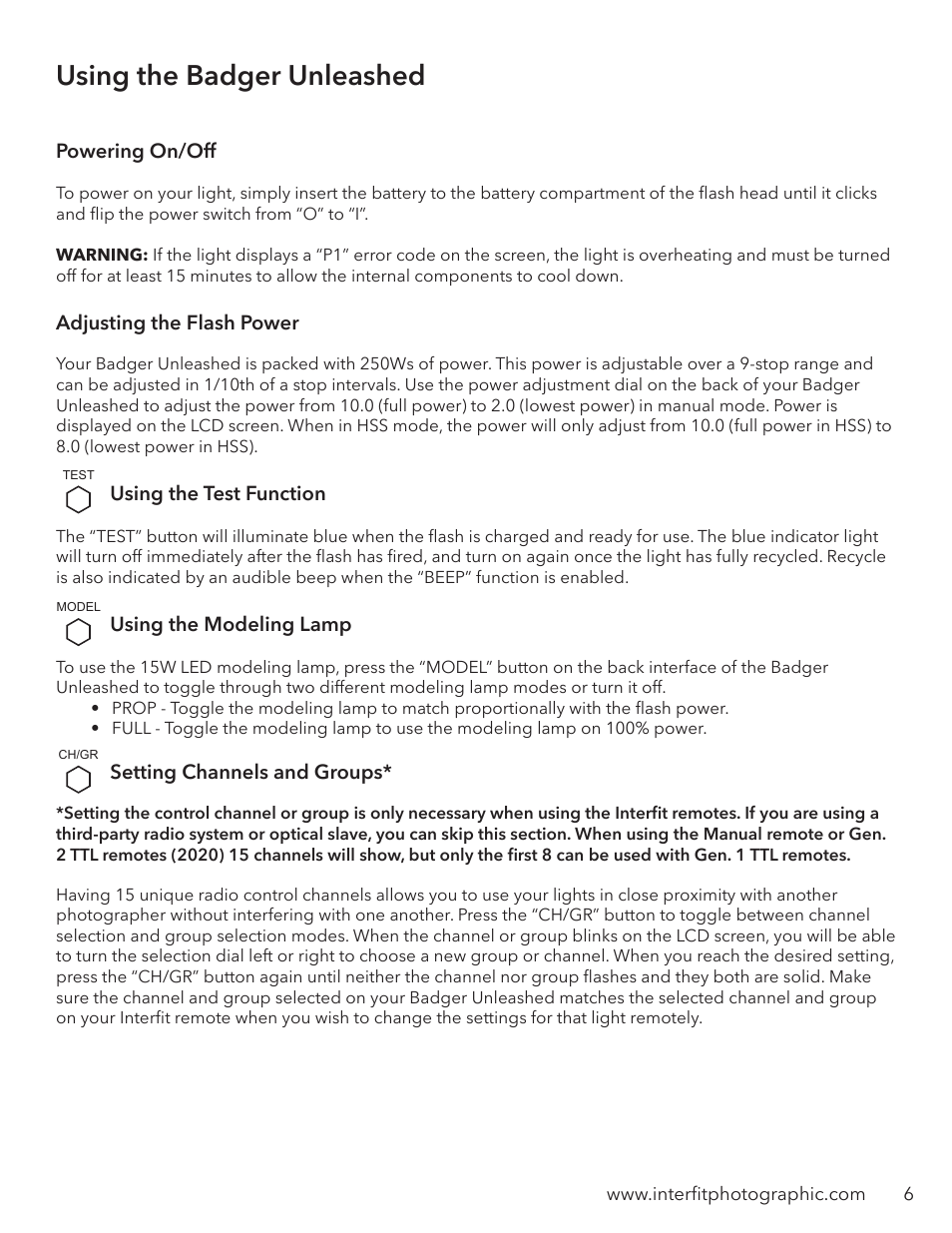 Using the badger unleashed | Interfit Badger Unleashed 2-Light Backpack Kit User Manual | Page 7 / 10