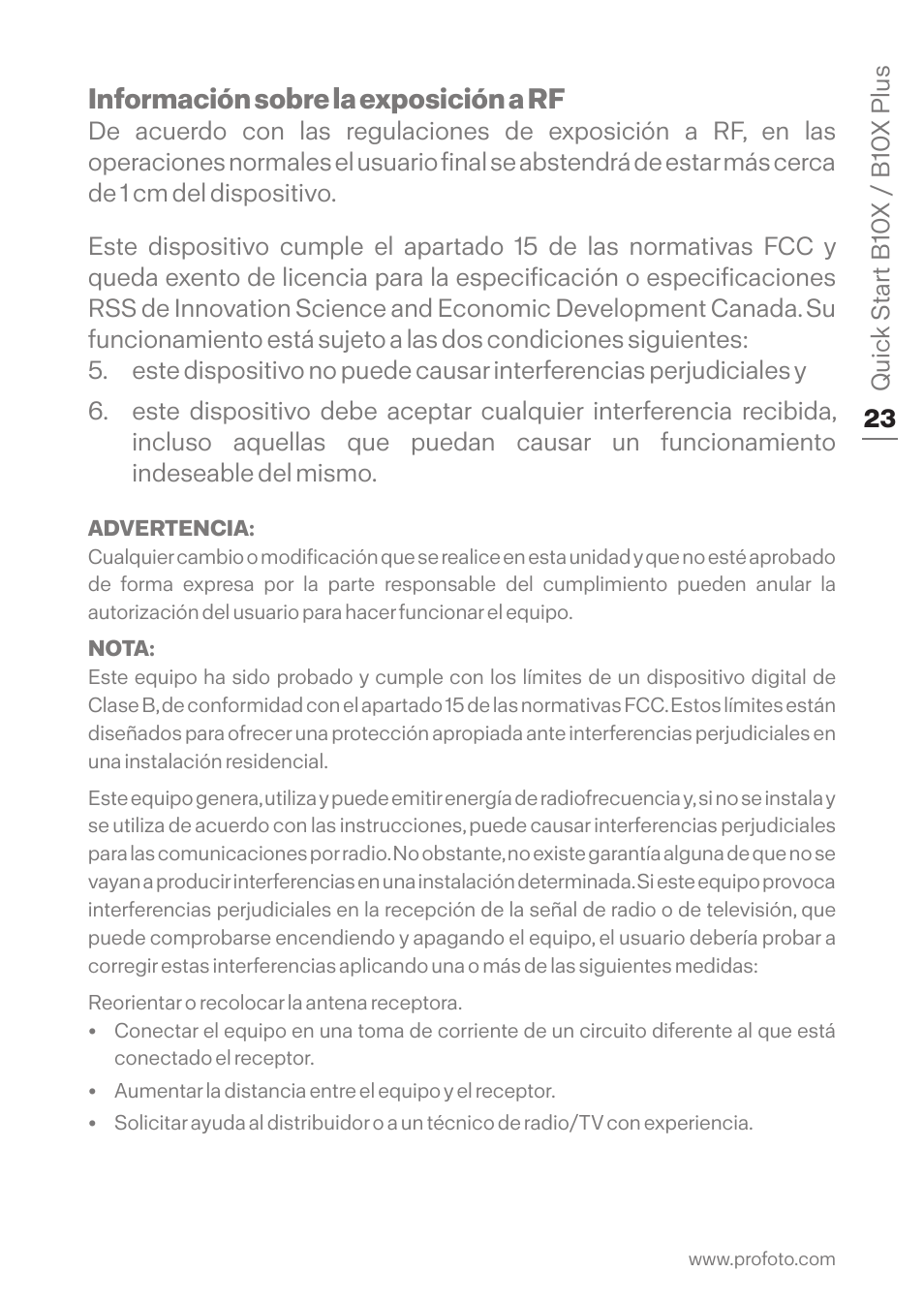 Información sobre la exposición a rf | Profoto B10X OCF Flash Duo Kit User Manual | Page 23 / 80