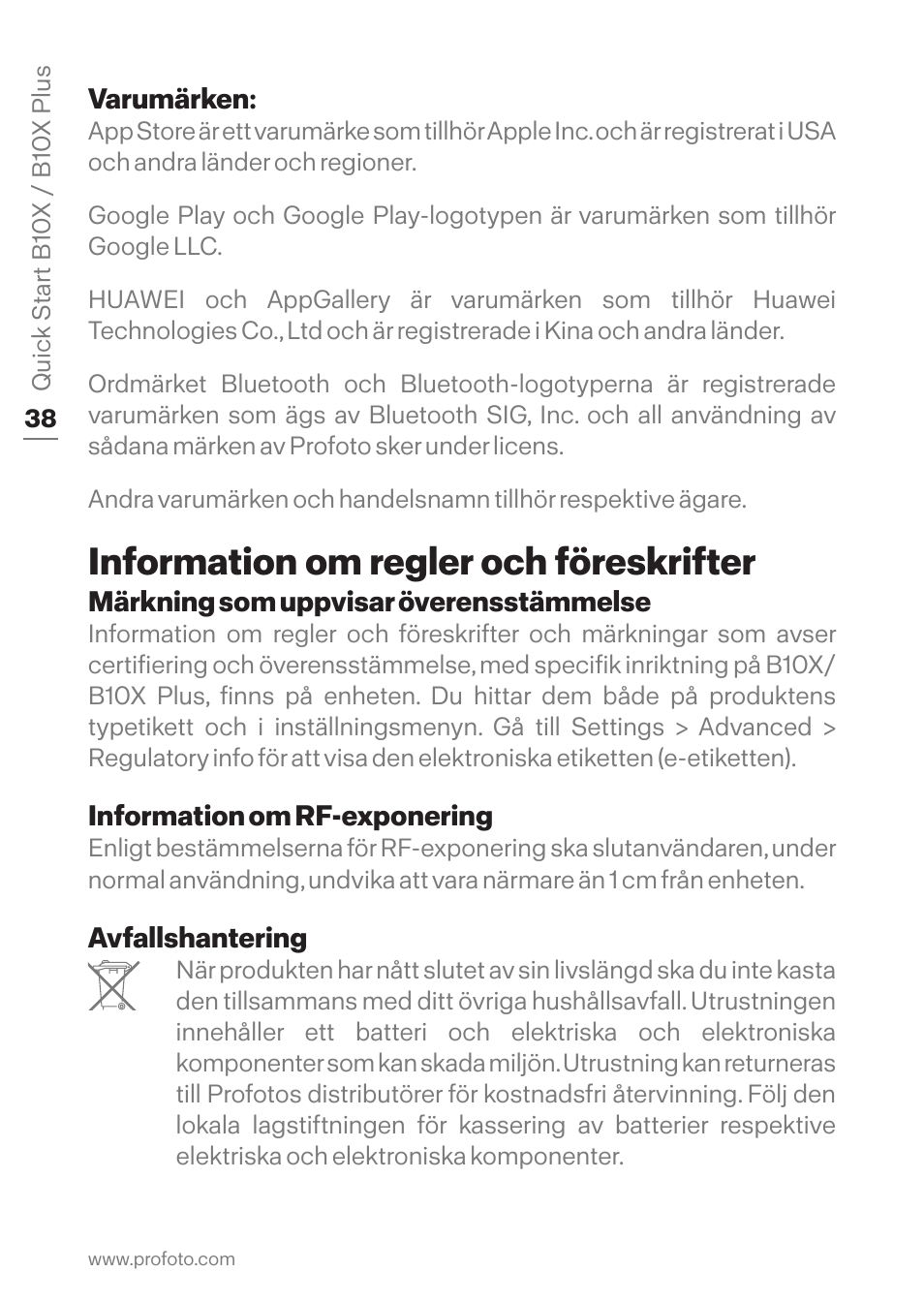 Information om regler och föreskrifter | Profoto B10X OCF Flash Duo Kit User Manual | Page 38 / 80