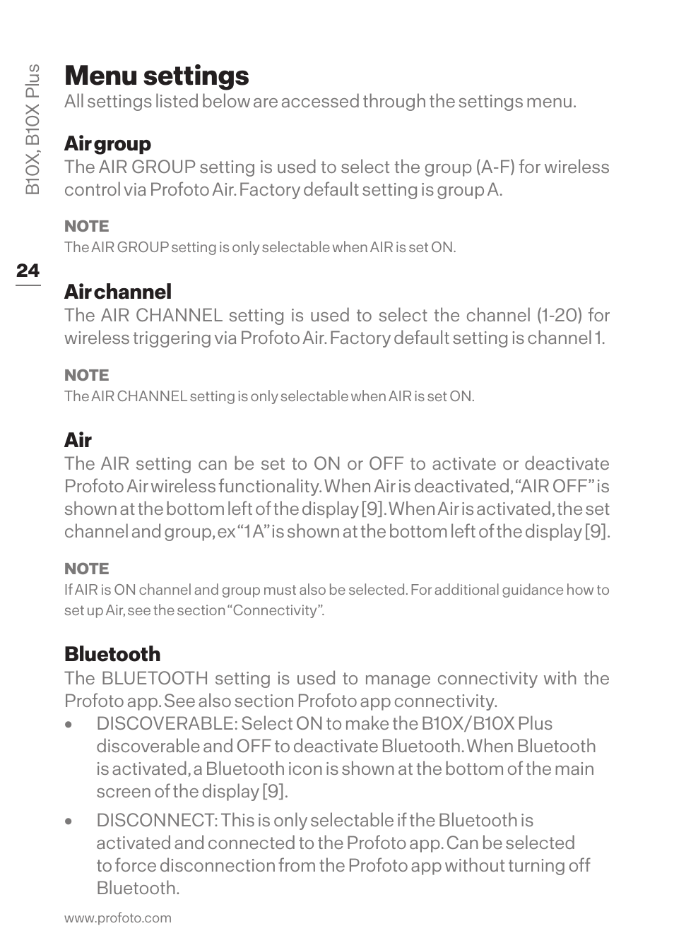 Menu settings, Air group, Air channel | Bluetooth, Air group air channel air bluetooth | Profoto B10X OCF Flash Duo Kit User Manual | Page 24 / 40
