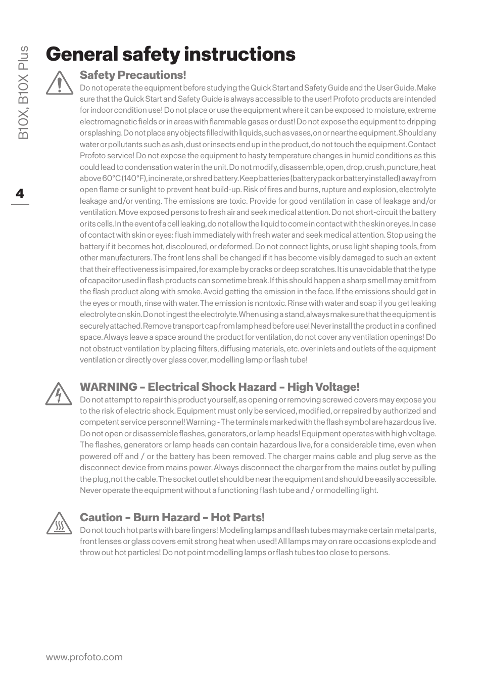 General safety instructions | Profoto B10X OCF Flash Duo Kit User Manual | Page 4 / 40