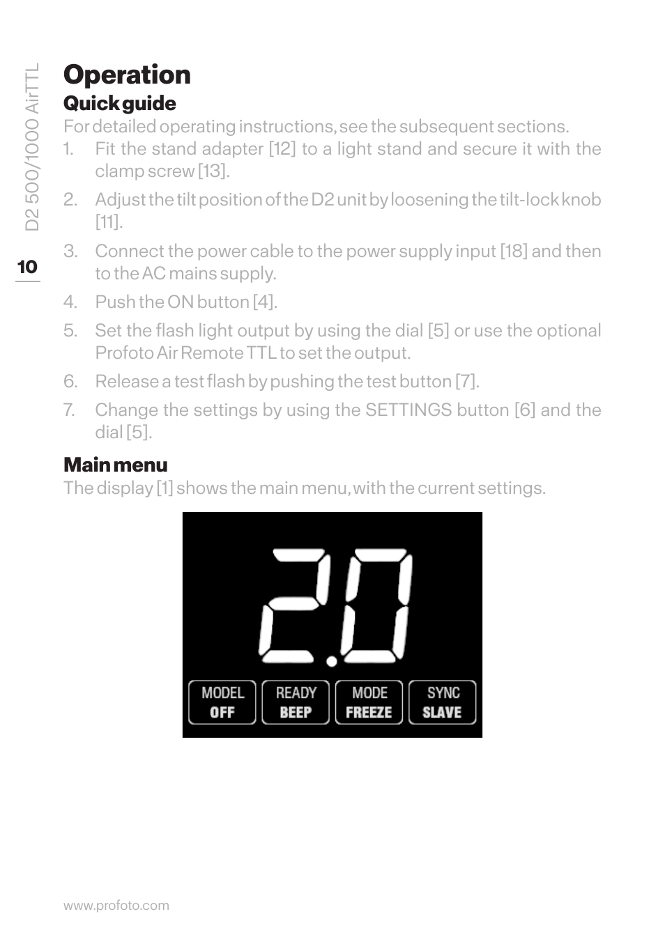 Operation, Quick guide, Main menu | Quick guide main menu | Profoto D2 500Ws AirTTL Monolight User Manual | Page 10 / 28