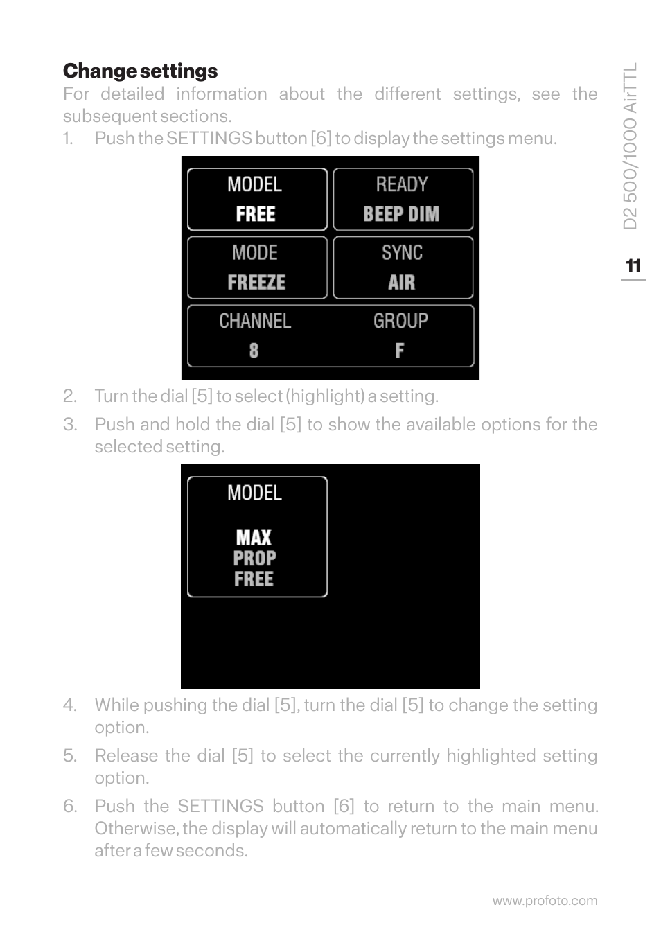 Change settings | Profoto D2 500Ws AirTTL Monolight User Manual | Page 11 / 28