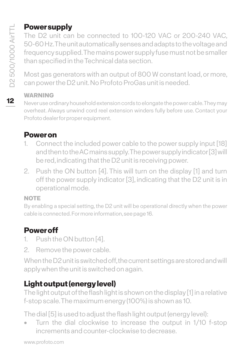 Power supply, Power on, Power off | Light output (energy level), Power supply power on | Profoto D2 500Ws AirTTL Monolight User Manual | Page 12 / 28