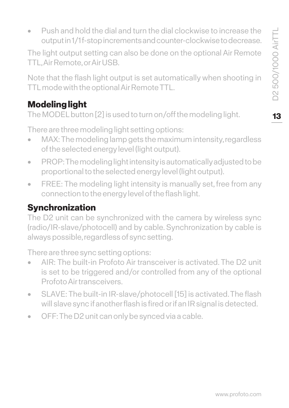 Modeling light, Synchronization, Modeling light synchronization | Profoto D2 500Ws AirTTL Monolight User Manual | Page 13 / 28