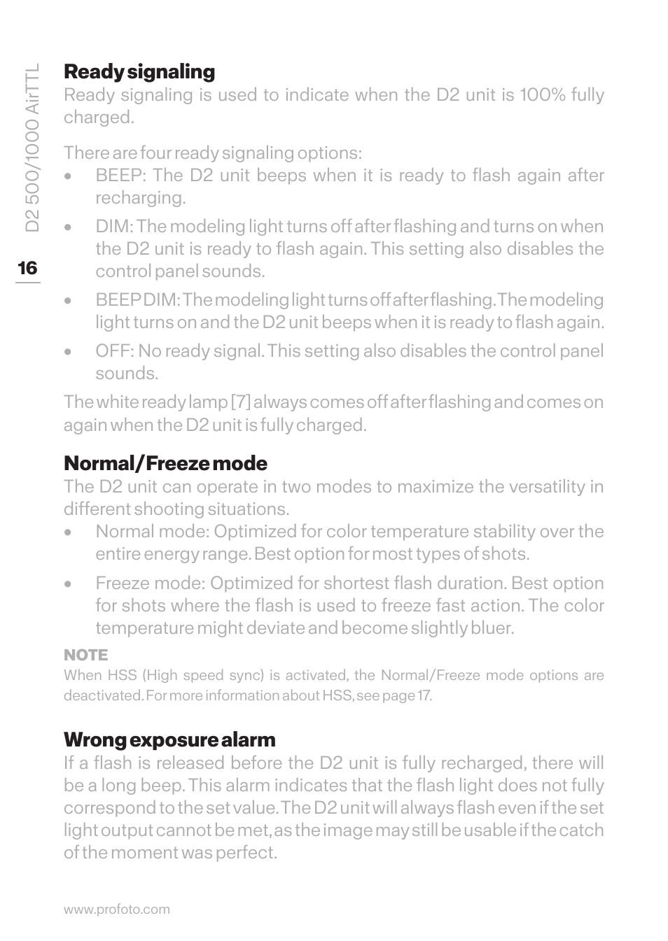 Ready signaling, Normal/freeze mode, Wrong exposure alarm | Profoto D2 500Ws AirTTL Monolight User Manual | Page 16 / 28