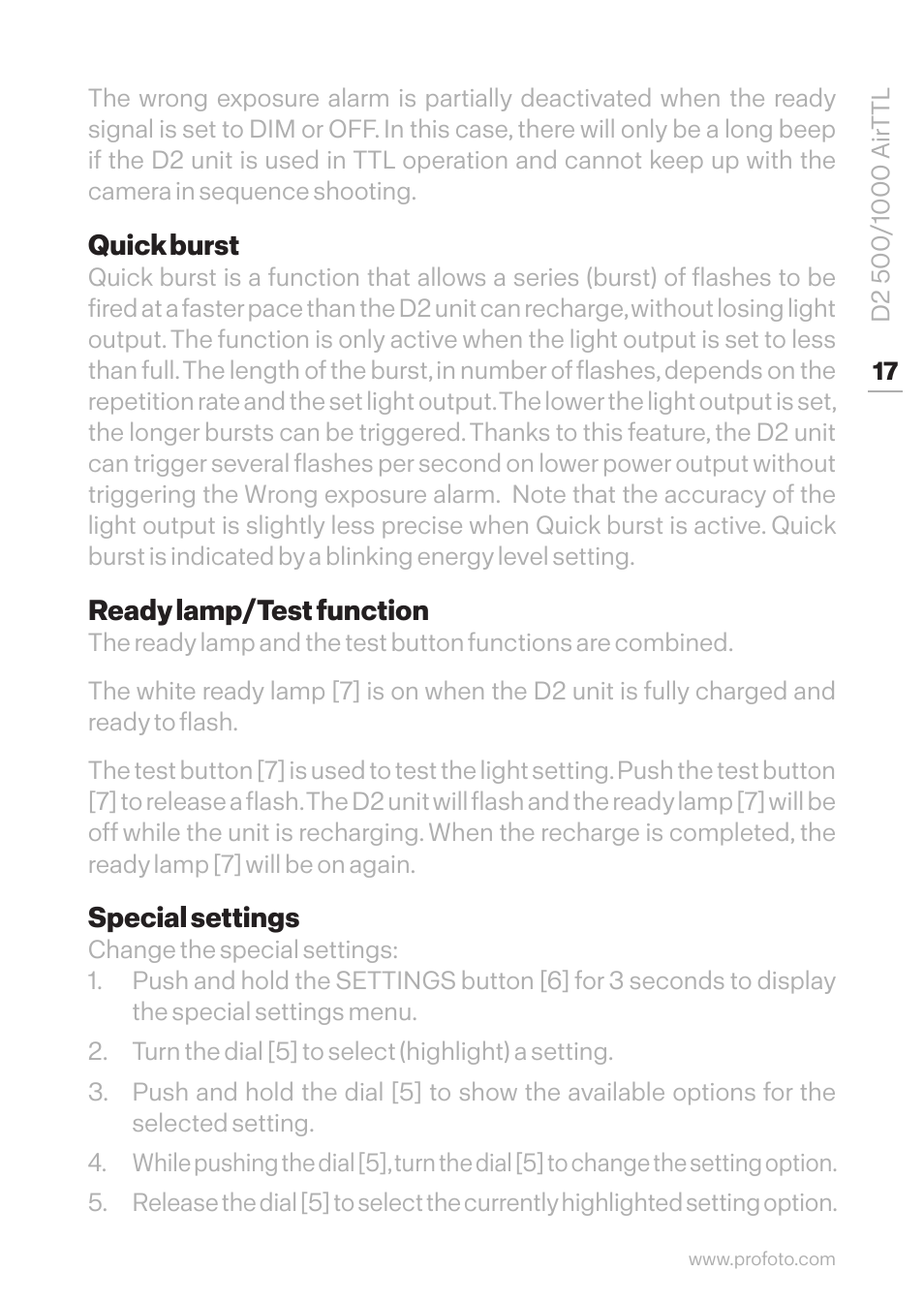 Quick burst, Ready lamp/test function, Special settings | Profoto D2 500Ws AirTTL Monolight User Manual | Page 17 / 28