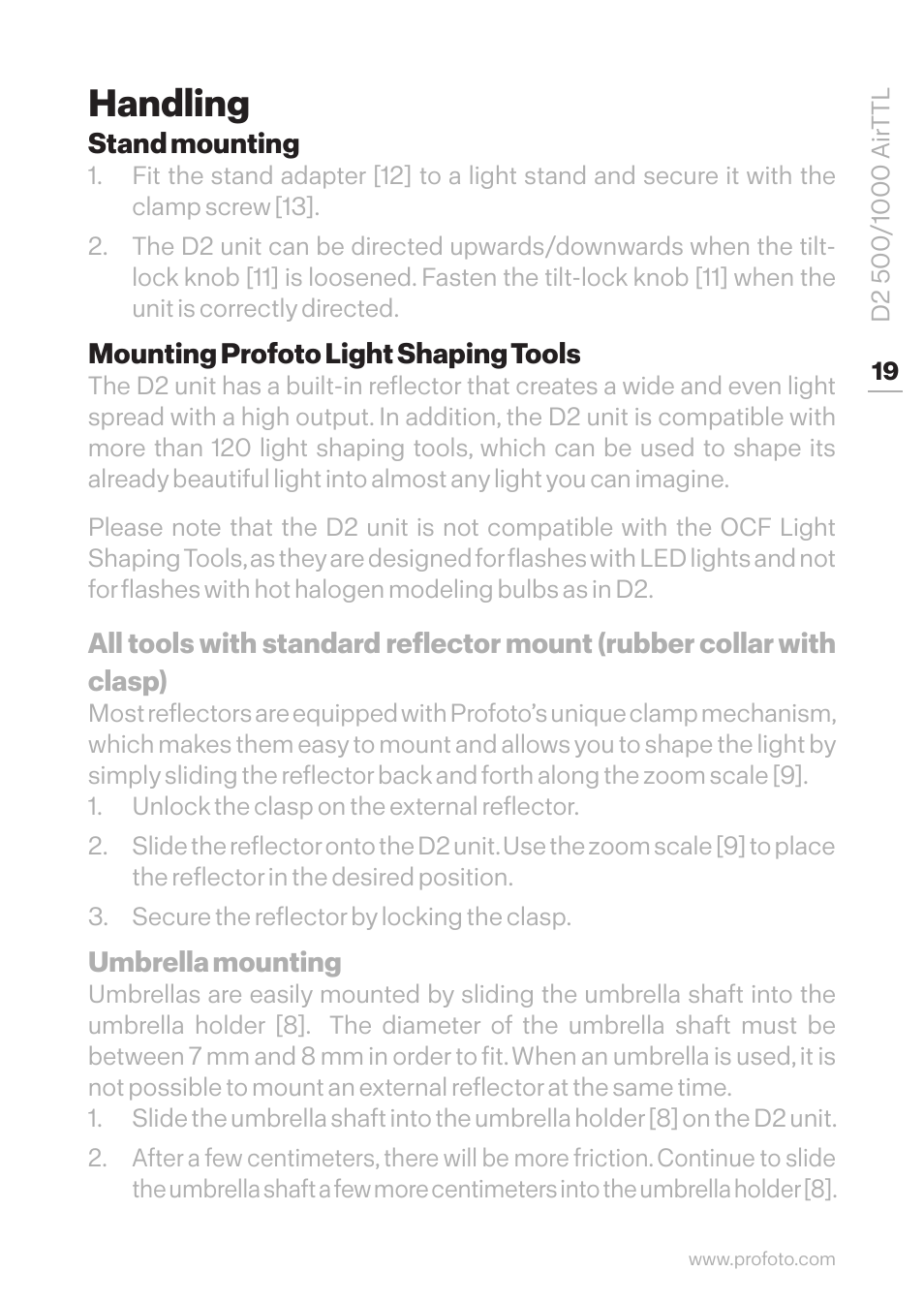 Handling, Stand mounting, Mounting profoto light shaping tools | Profoto D2 500Ws AirTTL Monolight User Manual | Page 19 / 28