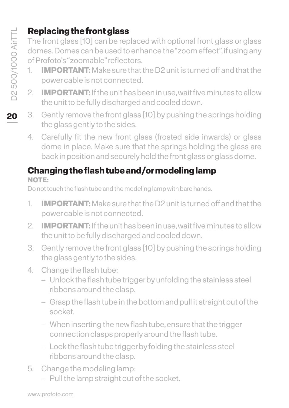 Replacing the front glass, Changing the flash tube and/or modeling lamp | Profoto D2 500Ws AirTTL Monolight User Manual | Page 20 / 28